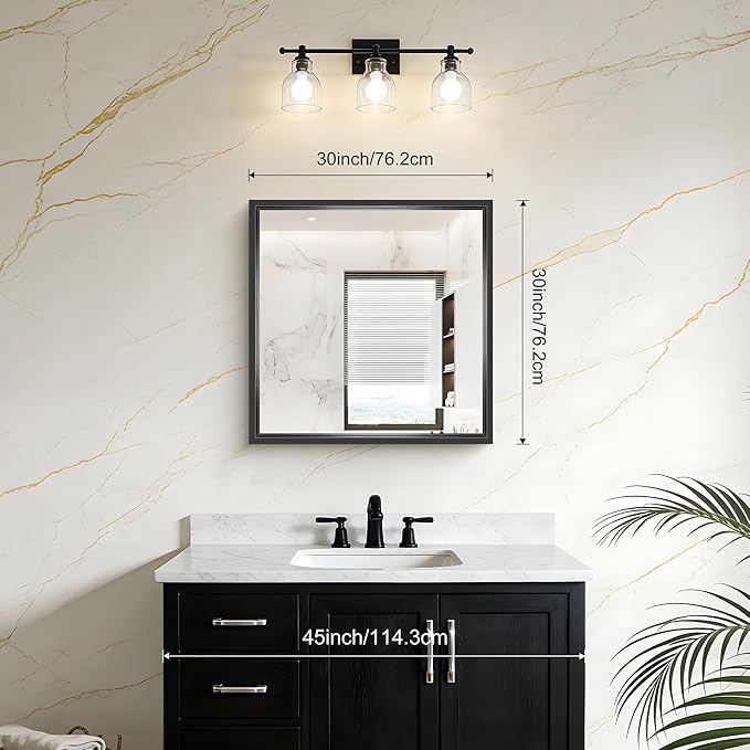 Black Bathroom Mirror, 30x30 Square Mirrors for Wall, 0.6" Thickened Deep Frame, Brushed Black Rectangle Mirrors for Over Sink, Shatterproof Tempered Glass, Antirust, Horizontally or Vertically