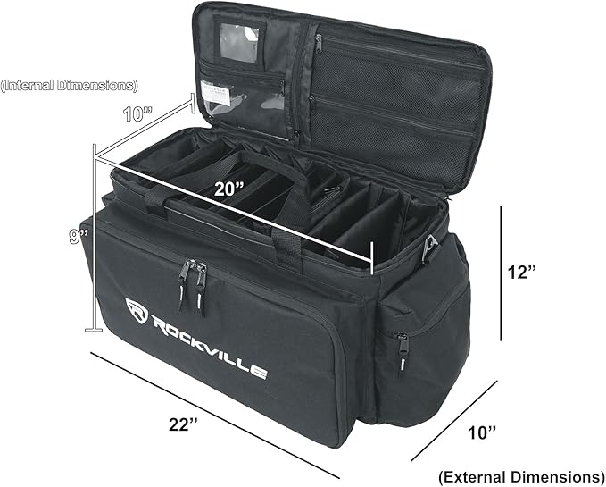 Rockville UT-BAG10 DJ Utility/Cable Bag, 10 Compartments, Padded Straps, Water-Resistant, Lockable Zippers, Perfect for DJs, Events, Gear & Cables