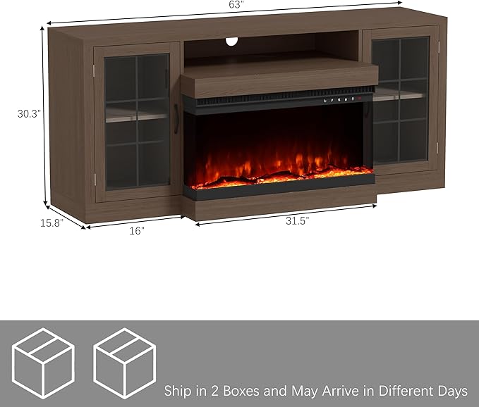 CharaVector 63 inch Fireplace TV Stand for TVs up to 75" with 30" 3-Sided Electric Fireplace, Farmhouse Entertainment Center with Glass Doors & Storage Cabinet, Brown