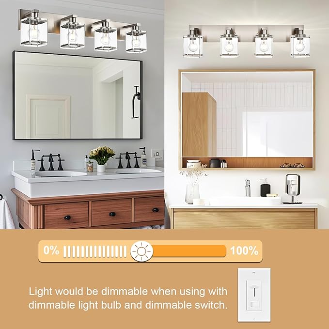 WINSHEN 4-Lights Bathroom Vanity Light Fixtures in Brushed Nickel, E26 Socket Wall Sconce Lighting Fixtures with Clear Glass Shades for Over Mirror Bedroom Living Room Cabinet