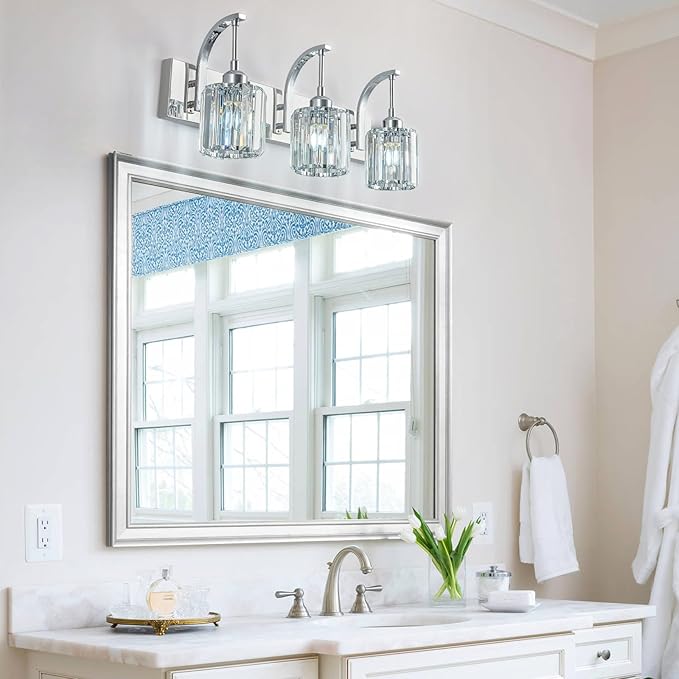 FDPBY 3-Light Crystal Vanity Light, Modern Chrome Bathroom Wall Sconce with K9 Crystal Shades, 23.62" Long Over Mirror Lighting for Vanity, Makeup, Hallway, Elegant & Durable