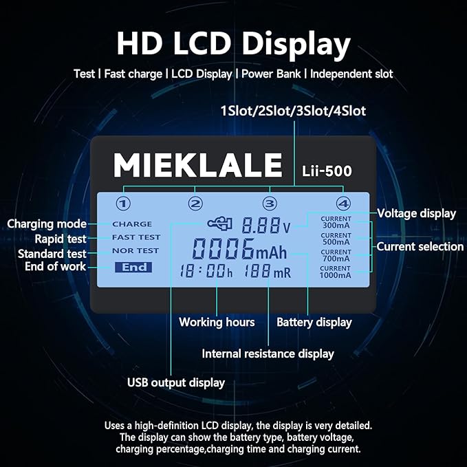 18650 Battery Charger, MIEKLALE 4 Bay Battery Charger with LCD Display Fast Charge for Rechargeable Batteries Li-ion 26650 18650 16340 10440 14500 20700,NI-MH NI-Cd AA AAA