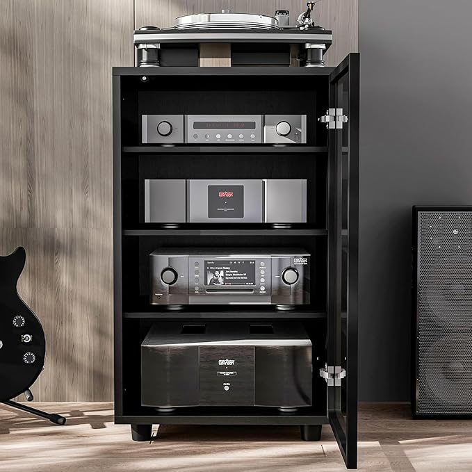 Grufle Media Storage Cabinet with Tempered Glass Door, 3 Adjustable Shelves Stereo Cabinet with Cable Management, AV Rack for Living Room/Gaming Setup/Home Studio Audio Rack (Black)
