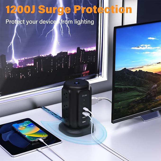 Flat Plug Power Strip Tower with 9 Outlets 5 USB Ports (2 USB C), BESFAN 1625W 6.5Feet Extension Cord with Multiple Outlets, 1200J Surge Protector for Home Office Supplies, Dorm Essentials