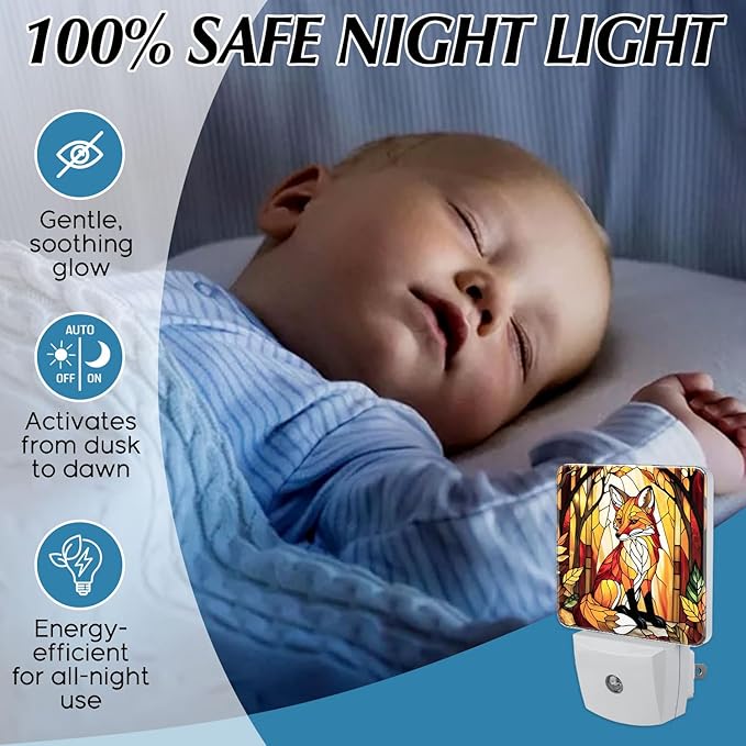 PODMemory Fox Stained Glass Night Lights Plug into Wall for Room, Fox Night Light LED for Bedroom