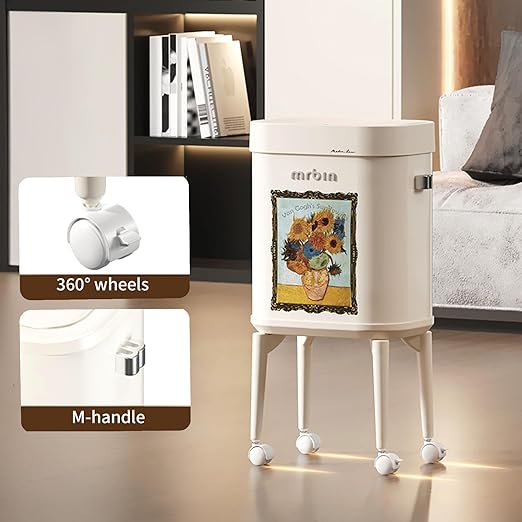 MRBIN Metal Motion Sensor Kitchen Trash Can with Wheel Legs, 15L / 4gal Metal Slim Trash Can, Pet Proof Tall Narrow Garbage Pail for Vanity, Bedroom, Bathroom, Living Room, Sunflower