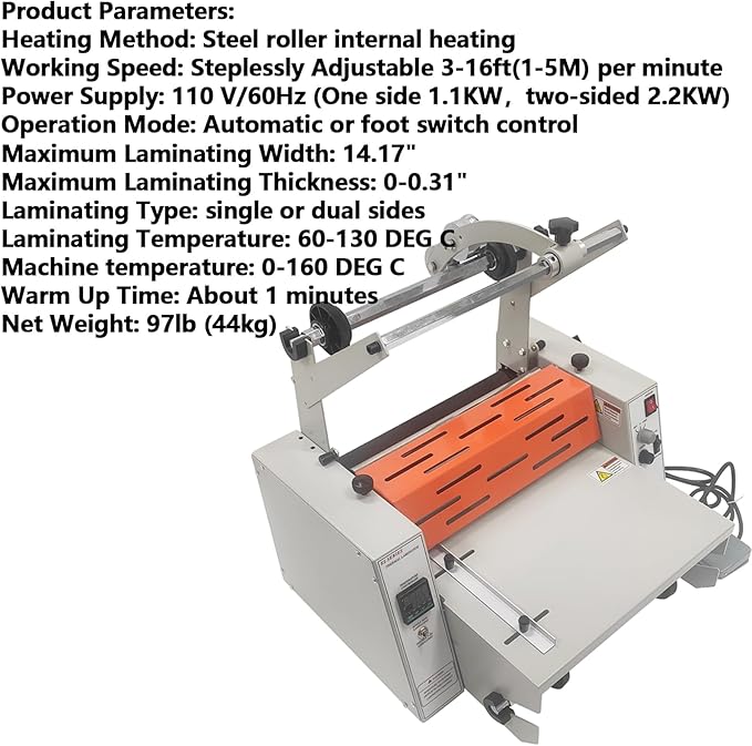 WYDDDARY 14.17"/360MM Electric Steel Roller Thermal Laminator with Slitting Cutter Hot Cold Roll Laminator Adjustable Temp 60-130℃ Electric Laminating Machine for Single/Double Sided Laminating 110V