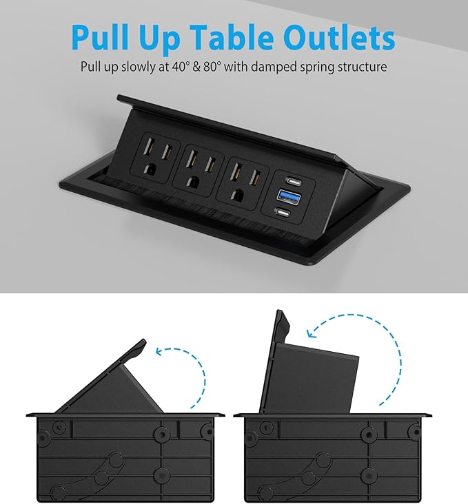 Recessed Conference Table Power Hub with 20W USB-C PD Fast Charging, Flush Mounted for Desks, Kitchens & RVs, 6FT Power Cord (Black)