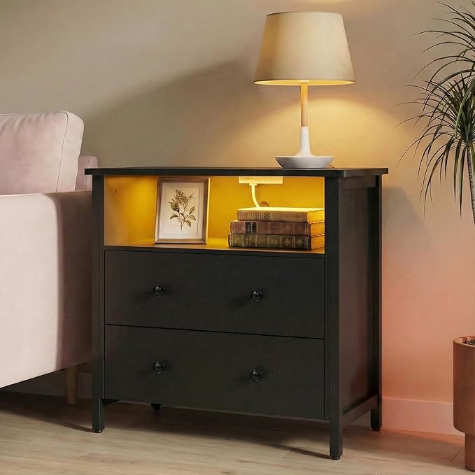 Tykacna 27 Inch Wide Night Stand, Large Wood Night Stand with 2 Drawer, LED Nightstand with Charging Station and Adjustable Drawer, Bedside Table for Living Room/Bedroom/Study/Office, Black.