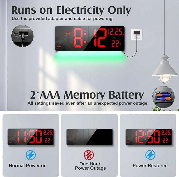 Xflyee 16.5" Large Digital Wall Clock with RGB Night Lights, Auto Dimmer, Remote Control, Date, Indoor Temperature, DST
