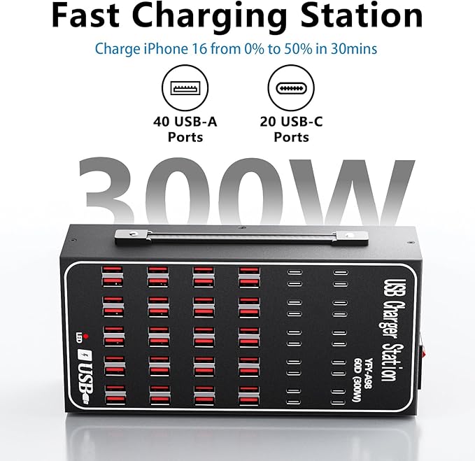 300W USB Charging Station, 60 Port USB C Charger Block, USB Charger hub for Multiple Devices, USB C Multi Charge Compatible with iPhone 17 16 15 14 13, iPad, Samsung Galaxy S23 S24, Pixel