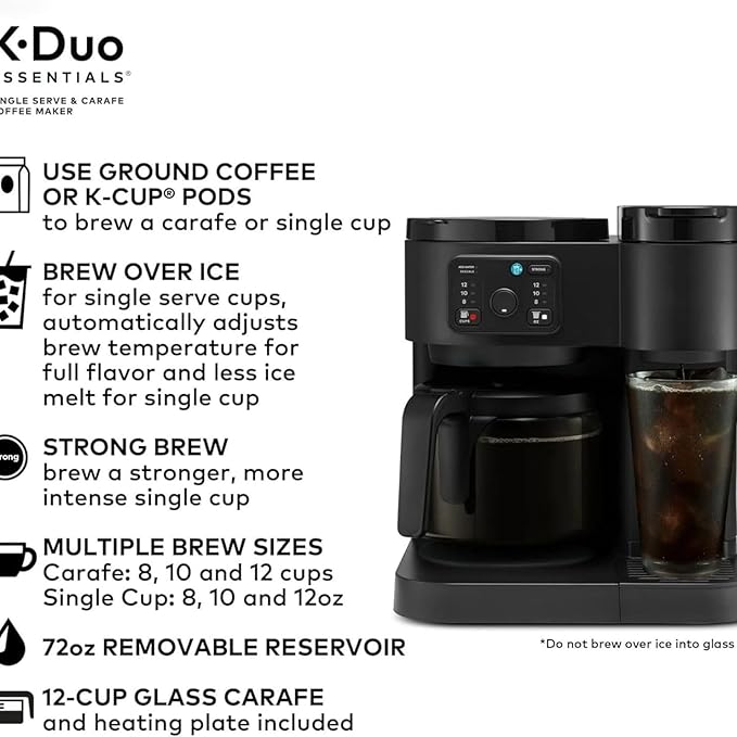 K-Duo Essentials Coffee Maker for Hot and Iced Drinks, Single Serve KCup Pod Brewer and 12 Cup Carafe Drip Coffee Pot, 72 oz Water Reservoir,Pause & Pour Feature, Perfect for Home & Office Use