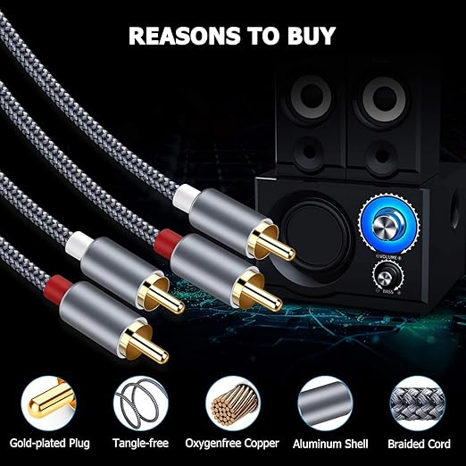 RCA Cable, 2RCA Male to 2RCA Male Stereo Audio Cables【10M/32FT, Hi-Fi Sound, Shielded】 Braided RCA Stereo Cable for Home Theater, HDTV, Amplifiers, Hi-Fi Systems, Car Audio, Speakers- Grey