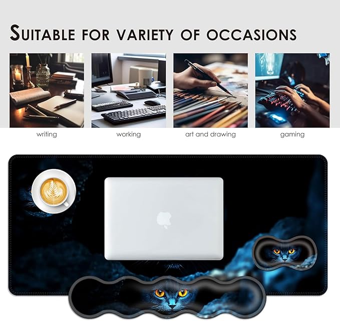 BFUKVOU Large Keyboard Mouse Pad Set, Extended Mouse Pad+Keyboard Wrist Rest Support, Memory Foam Ergonomic Easy Typing, 4Pcs (31.5×11.8 in) Desk Pad Set for Office Home,Black Cat with Glowing Eyes