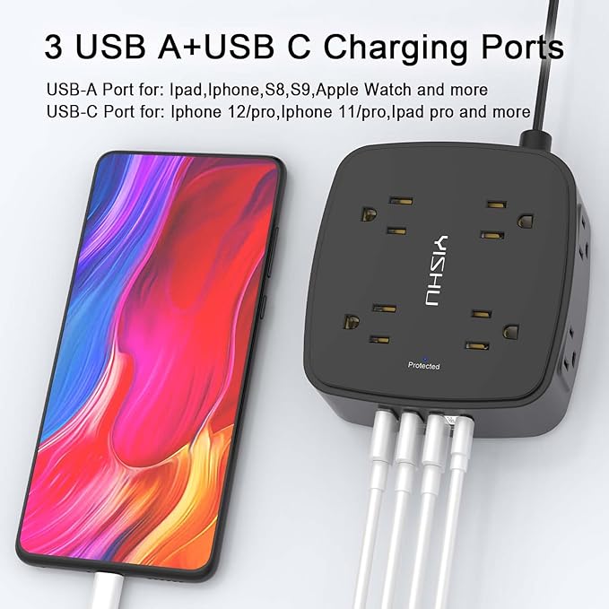 10 Ft Surge Protector Power Strip - YISHU 8 Widely Outlets with 4 USB Ports, 3 Side Outlet Extender with 10 Feet Flat Extension Cord, Ultra Flat Plug, Wall Mount, Desk USB Charging Station, ETL, Black