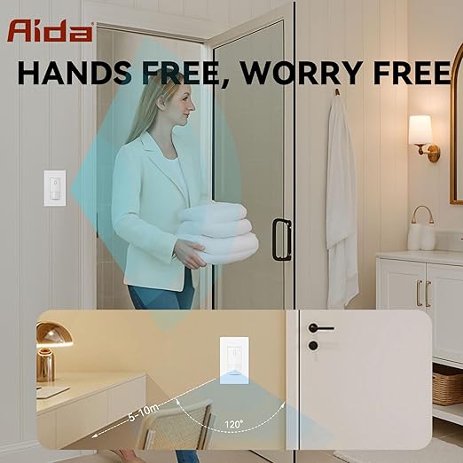 AIDA Single Pole Motion Sensor Light Switch w/Neutral Wire - 120° PIR Infrared Activation - CFL/LED/MLV/INC/HAL/Fan Compatible - UL Certified - 10 Pack,Matte White