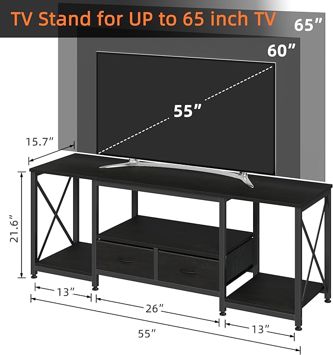 GYIIYUO TV Stand with Fabric Drawers for 55 60 65 Inches TV - Entertainment Center and Industrial TV Console Table with Open Storage Shelves for Living Room, Bedroom - 55.1" Black