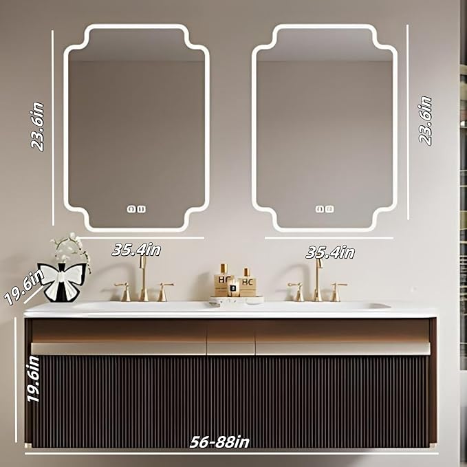 Bathroom Vanity with Double Sink - Bathroom Cabinet Vanity Including Grille Shaped Panel | Bathroom Vanity Double Sink, Soft Light LED Lights & Smart Defogging Mirror (Mirror, 64IN)