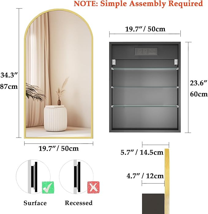 Gold Arched Bathroom Cabinet with Outlet,20 x 34 Inch Arched Medicine Cabinet with Mirror,Bathroom Mirrors for Over Sink with Storage,Surface Mounted Medicine Cabinet with Adjustable Shelf