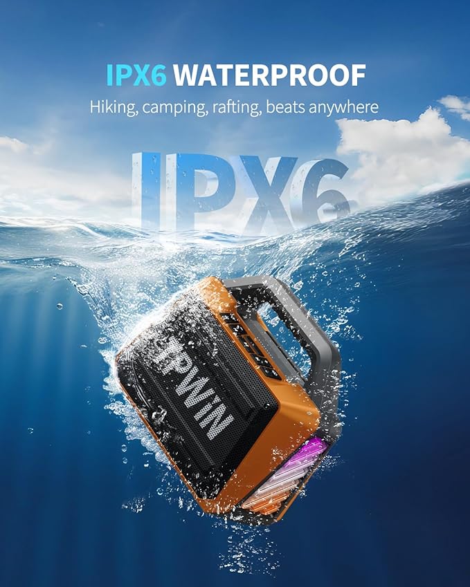 TPWIN Bluetooth Speaker - 80W Loud, Rugged Outdoor Speakers, IPX6 Waterproof, 20H Playtime, Deep Bass, Lightshow, TWS, BT 5.3 Wireless, Portable for Travel Hiking Camping Beach Pool - Orange