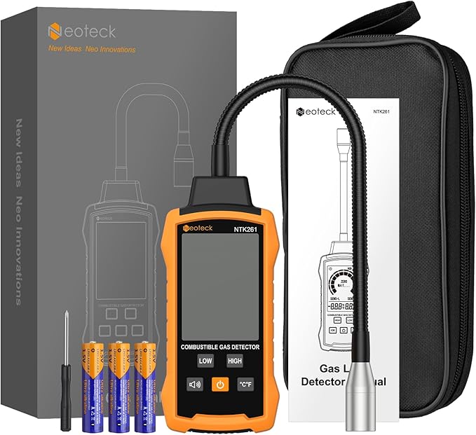 Neoteck Natural Gas Detector Gas Leak Detector with 12” Gooseneck Combustible Gas Detector with Audible & Visual Alarm Test Methane Propane Gasoline Natural Gas for Gas Pipeline Gas Stove and RV