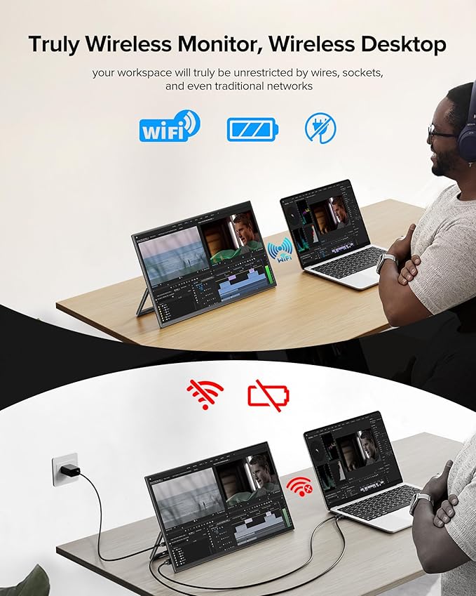 EVICIV Wireless Portable Monitor with 8000mAh Battery, 15.6" Wireless Monitor, Support AirPlay, Miracast Laptop Display, USB-C & HDMI & VESA, Travel Second Screen for Laptop, Computer, Game Consoles