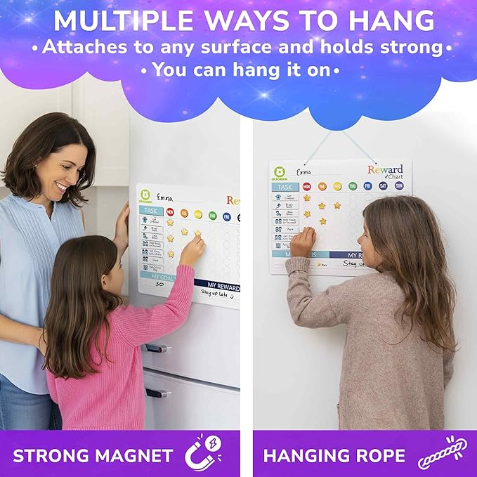 QUOKKA Magnetic Behavior Chore Chart for Kids at Home - Gift Reward Visual Schedule Chart - Dry and Erase Routine and Responsibility - Use 48 Magnets & 49 Stars - from Toddlers to Teens