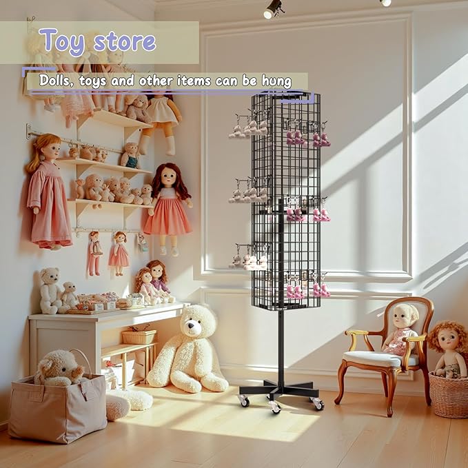 Grid Wall Panels Display Stand - 16”*63.3” Triangular Display Racks with 30 Hooks for Vendor Events , 360° Rotating Art Display Panels Heavy Duty Floor Standing Movable Retail Display Organization