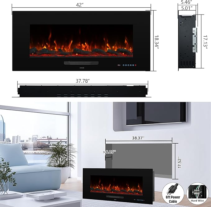 36" Electric Fireplace Inserts, Recessed & Wall Mounted Fireplace Heater Colorful Flame &Fuel, Remote Control Setting Dimer, Thermostat &Timer, Plug in &Hard-Wire Option, 750W/1500W, Black