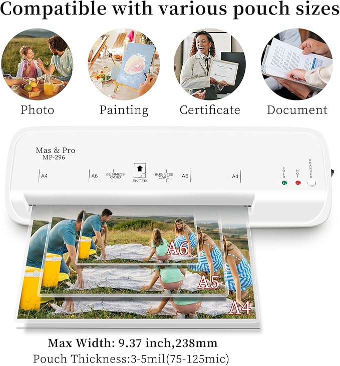 Mas & Pro Thermal Laminator Machine 9 Inch with 40 Laminating Sheets, Hot & Cold, Anti-Jam, Fast Warm-Up, 2-Roller, Portable for Home Office School, Letter Size/A4/A5/A6/Photo/Document, White