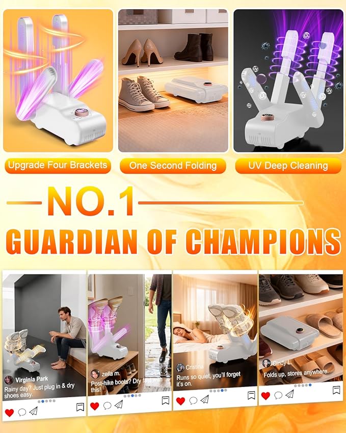 5.0 Upgraded Boot Shoe Dryer【500W German Super Motor】【Dual-Tech 118°F Constant Temp & 360° Circulating Hot Air】4 Adjustable Brackets, U-V Deep Cleaning