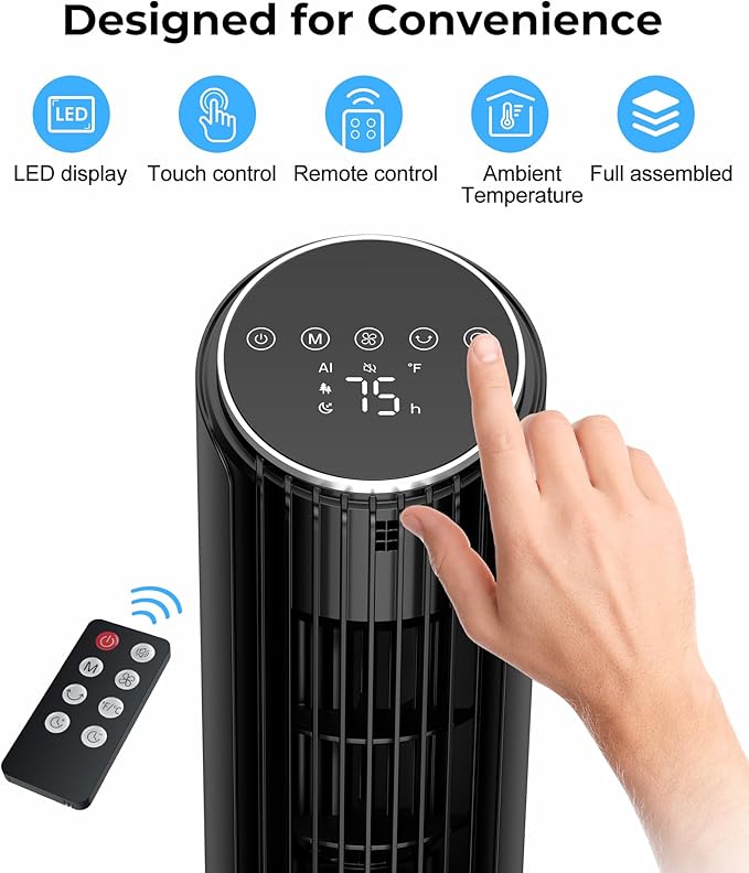 Abolee Tower Fan for Bedroom, 23ft/s Desk Fan with Remote, 70° Oscillating Desk Fan, 4 Speeds, 4 Modes,12Timer, 13'' Bladeless Portable Fan for Bedroom Office Home Black