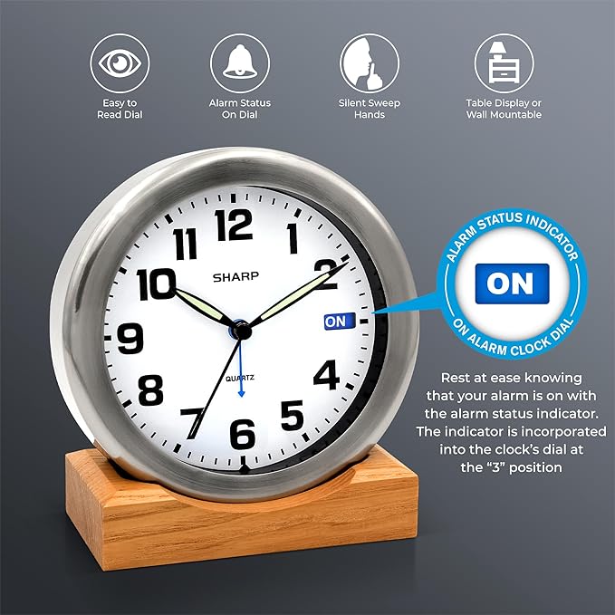 Sharp Silent Sweep Quartz Analog Desk Clock with Alarm Status Indicator on Dial, Brushed Metal Clock with Genuine Wood Stand, Great Gift for Home or Office