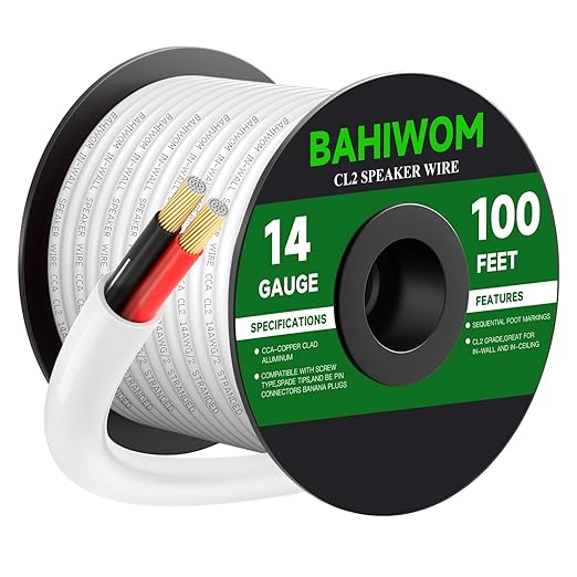 BAHIWOM Fire Safety CL2 Speaker Wire in-Wall & in-Ceiling 14 Gauge Wire 100 FT CCA Cord 2 Conductors Red Black Speaker Cable for Indoor Home Theater System,Car Audio Soft White Jacket