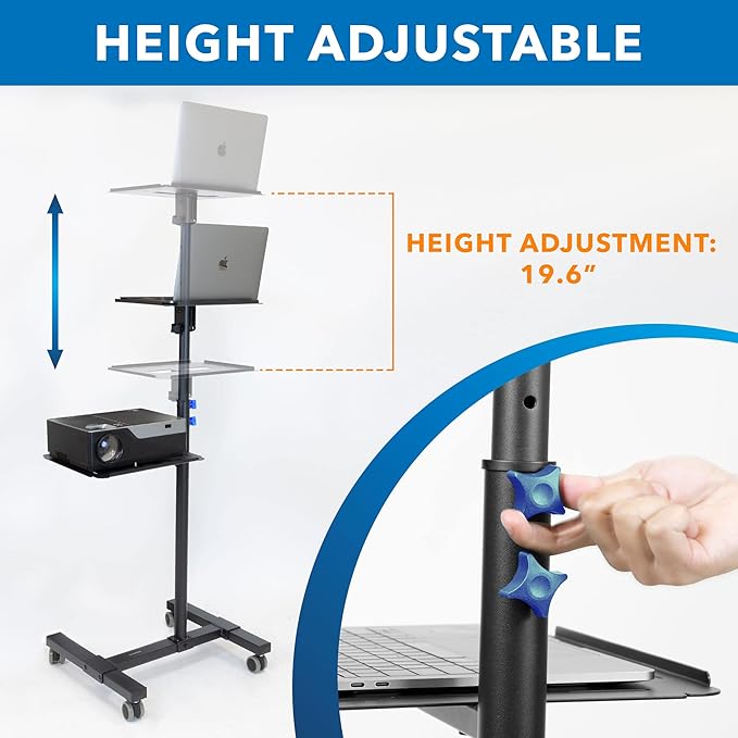 Mount-It! Mobile Projector and Laptop Stand (2 Shelves), Rolling Cart with Ventilated Tray, Heavy Duty, Height Adjustable Laptop and Projector Presentation Trolley, Black