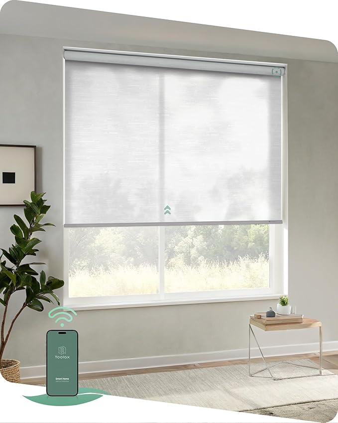 Yoolax Motorized Blinds App Control, Light Filtering Motorized Shades for Windows, Cordless Automatic Roller Shades for Bedroom Living Room Office(Light Filtering Jacquard White, 47" W x 72" H)