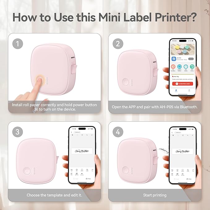 XenGro Mini Label Maker Machine with Tape AH-P05 - Portable Bluetooth Mini Label Printer, Wireless Thermal Label Maker, Waterproof & Rechargeable, Built-in Cutter, for Home, Office, Kitchen - Pink