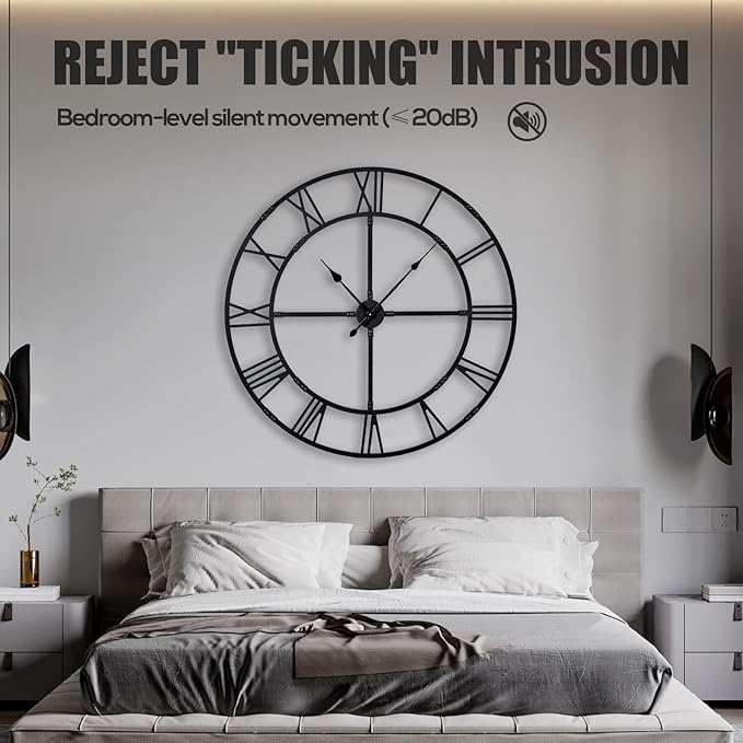 Ohweog Oversized 48 inch Wall Clock for Living Room Decor – Extra Large Silent Non-Ticking Modern Farmhouse Wall Clock, Decorative Metal Roman Numeral Clock, Black