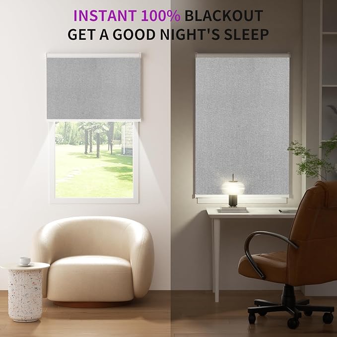 Astomi Motorized Blinds with Remote - Blackout Smart Roller Shades Compatible with Alexa & Goggle Home, Solar Rechargeable, Custom Size 22" - 100" for Indoor Window, Haze Grey
