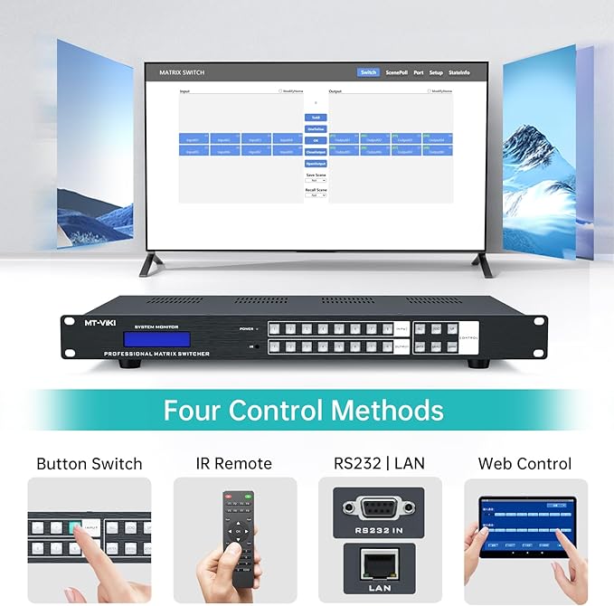 MT-VIKI 8x8 8K UHD HDMI 2.1 Matrix Switcher with Audio De-embedder, 8K@60Hz and 4K@120Hz, EDID, RS232, LAN Port, APP, Web GUI (8 in 8 Out)
