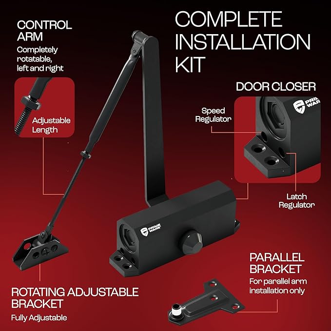 PrimeWare DC-300 Automatic Adjustable Door Closers for Home | Soft Close, No Slam | Residential and Commercial Door Closer | Level 3 | for Doors Weighing 90-140 lbs | Hydraulic Door Spring - Black