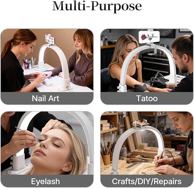 Half Moon Light for Nail Desk, Portable Nail Light for Desk with Phone Holder, Stepless Adjustment of Brightness and Color Temperature, Desk Lamp for Nail Tech, Eyelash, Tattoo, Makeup (White)