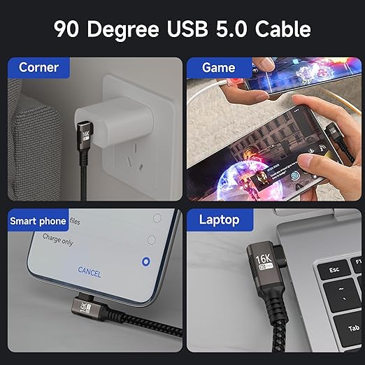 right angle USB C long Cable 10FT Compatible With Thunderbolt 5/4,Type C 240W Fast Charging,USBC 16K@60Hz/8K@120Hz HD Video Output for Display,90 degree USB 5/4 Cable 80Gbps Data Transfer for SSD/Dock