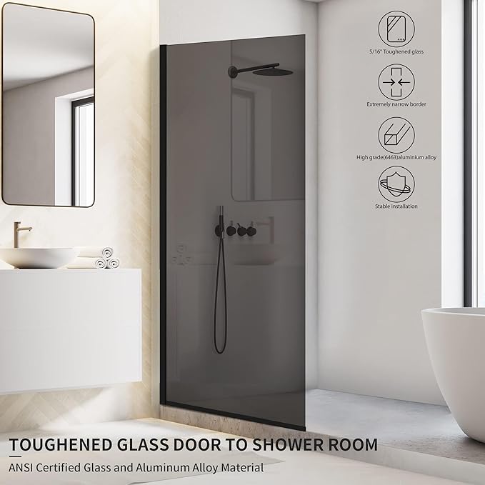 Bathroom Shower Door Screen, 34 in. W x 74 in. H Single Panel Frameless Shower Screen with Tempered Glass, for Bathroom and Bathtub, Smoked Gray Shower Door Screen with Matte Black Rods