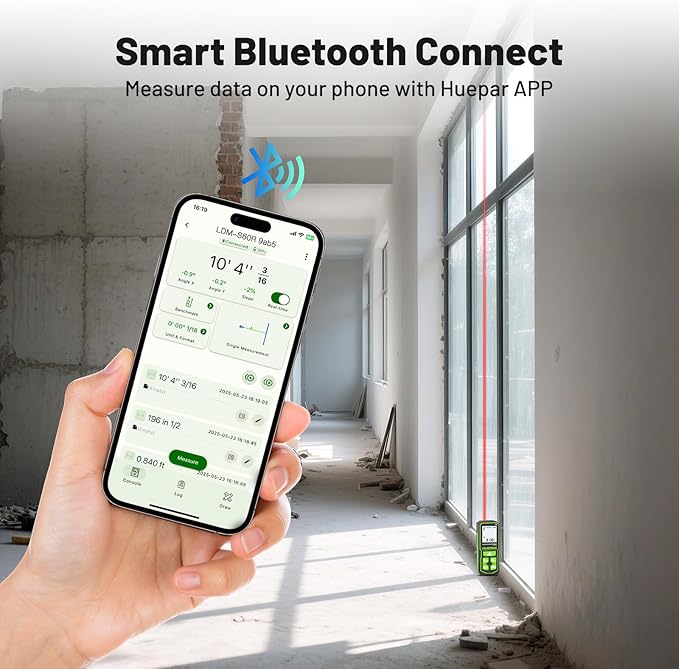 Huepar Laser Distance Measure 200Ft. Digital Rechargeable Laser Measuring Tool with Bluetooth -Phone APP, 1/16in Accuracy, Angle Sensor, M/in/Ft Unit, Pythagorean Mode, Measure Distance, Area, Volume