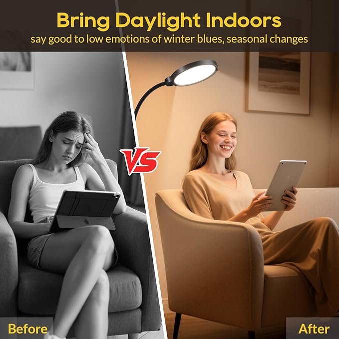 Morfone Light Therapy Lamp, 11000 Lux UV-Free Floor Sun Light Lamp with Touch Remote Control, 5 Color Temperatures 10 Brightness Levels Lights for Living Room Bedroom Office (Black)
