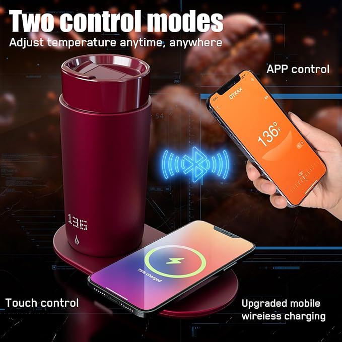 Temperature Control Heated Coffee Mug Smart Self Heating Travel Mug 12 Oz App Controlled Warmer Mug 4-10 Hour LED Display Keep Coffee Hot Fast Wireless Charger Base Rogue red
