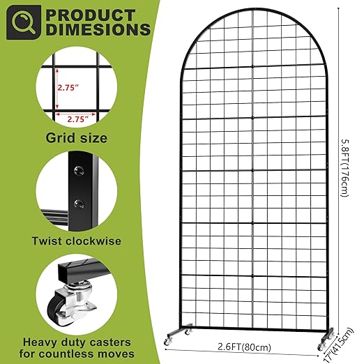 VGMiu Grid Wall Panel 1PCS Display Stand 2.6' x 5.8' FT Black Grid Wall Panels Movable Retail Display Racks Floorstanding Gridwall Heavy Duty with Wheel for Art Craft Photo Displays Fair Trade Show