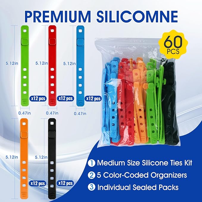 AROIC 60Pcs Silicone Cable Ties, 5-Colors Reusable Cord Organizer for Phone Charger & Data Cables - Home Office Travel Essentials, Under Desk Cable Management, Wire Holder for Computer, Kitchen