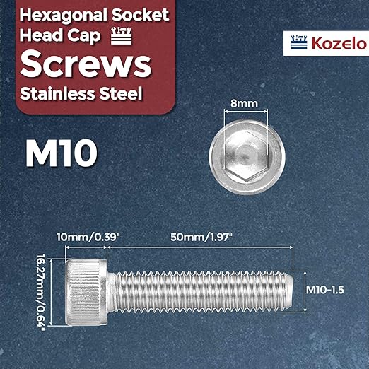 Kozelo 5pcs Socket Head Cap Screws - [M10-1.5 x 50mm] 304 Stainless Steel Allen Socket Drive for Electrical Motor 3D Printing Fan Engine Replacement Use, Silver